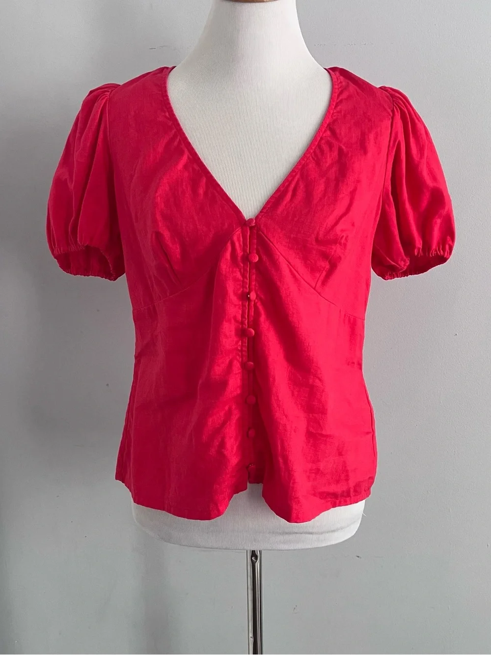 Boden Red Linen V-Neck Puff Sleeve Button Front Top Womens US 10 UK 14